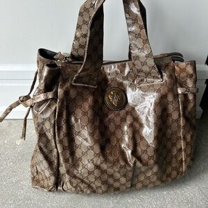 Gucci Brown Monogram vinyl with patent sheen, large handbag